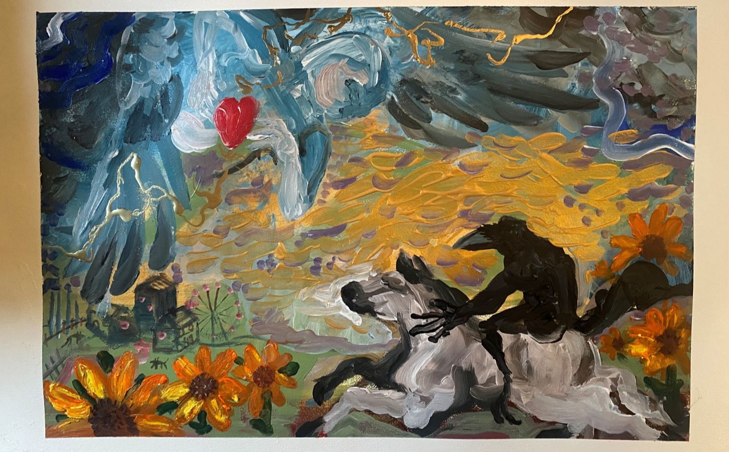 A canvas painting on a blank white wall