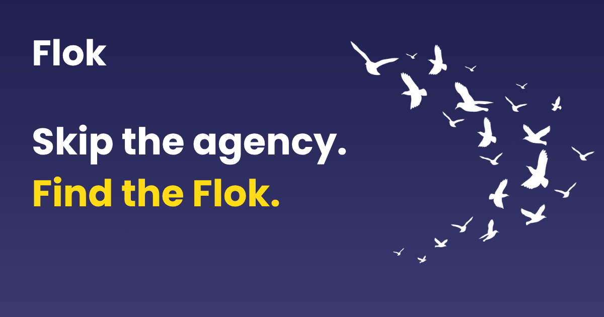 A promotional graphic for Flok Jobs reading 'Skip the agency. Find the Flok.'