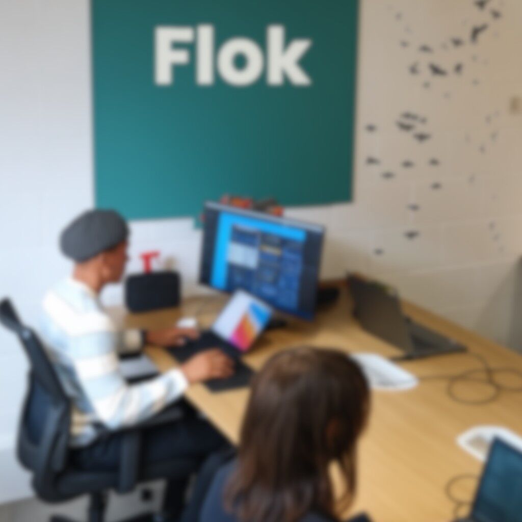 A blurry photo showing two people sitting at a table using laptops