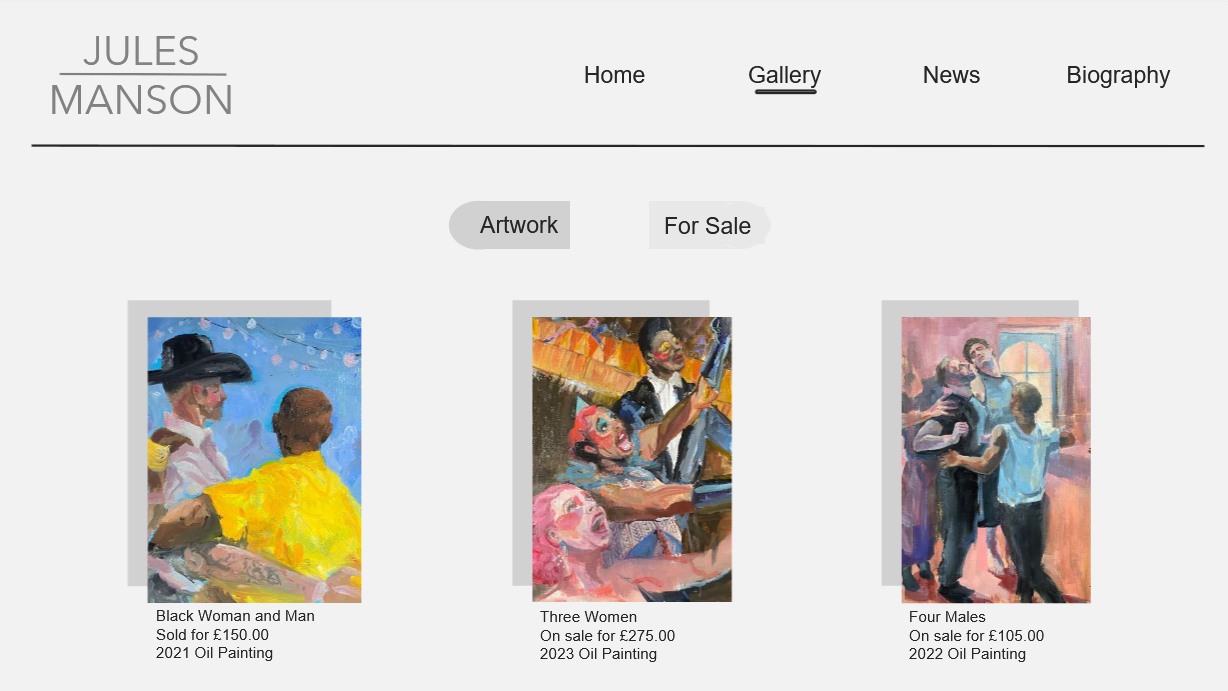 A 'Gallery' page design showing three artworks for sale
