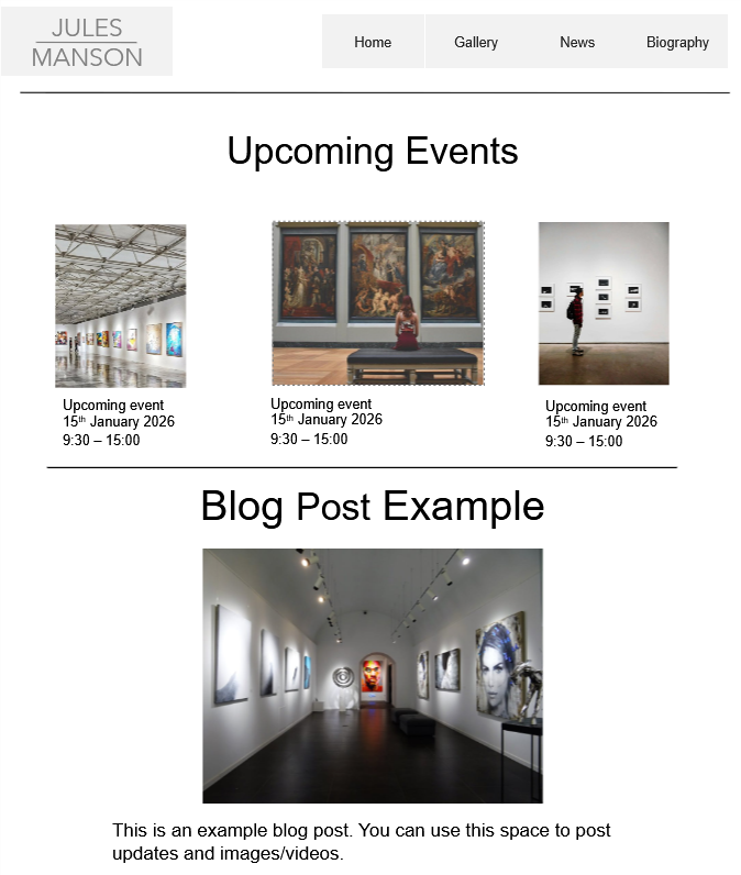 A 'News' page design showing upcoming events and a blog post