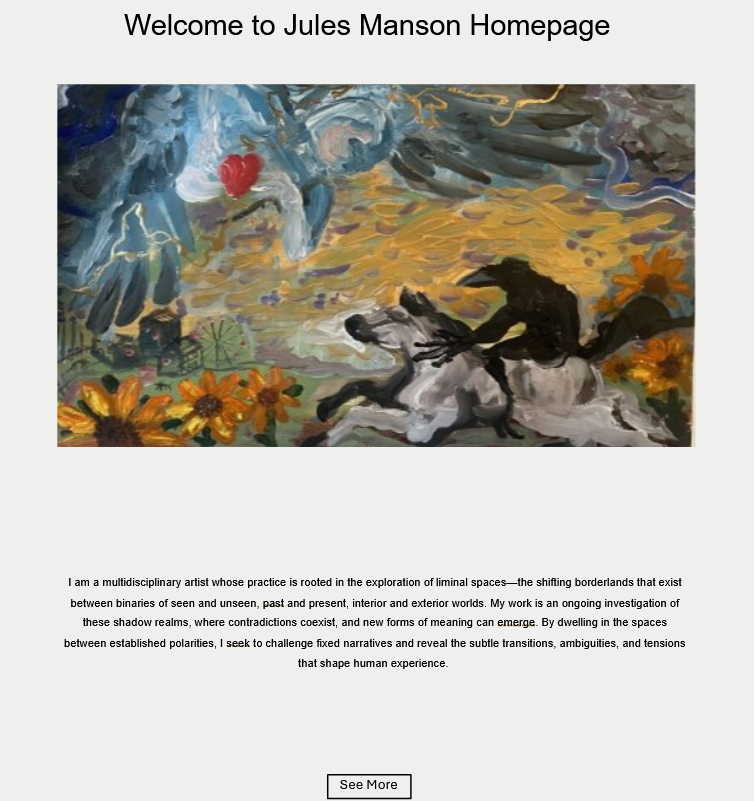 A 'Home' page design showing artwork alongside a personal statement