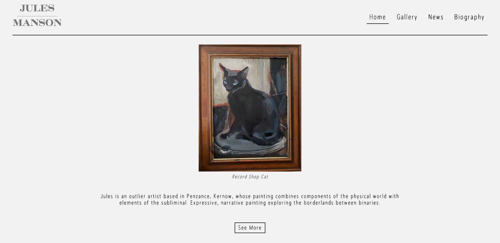 The home page of the jules manson website, showing artwork of a cat, a short introduction of the artist, and a button to see more artworks